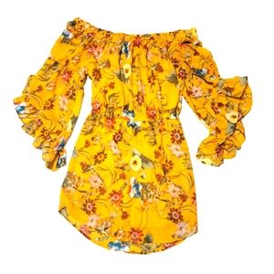 Blush Off the shoulder dress with 3 quarter length fitted to flare sleeves